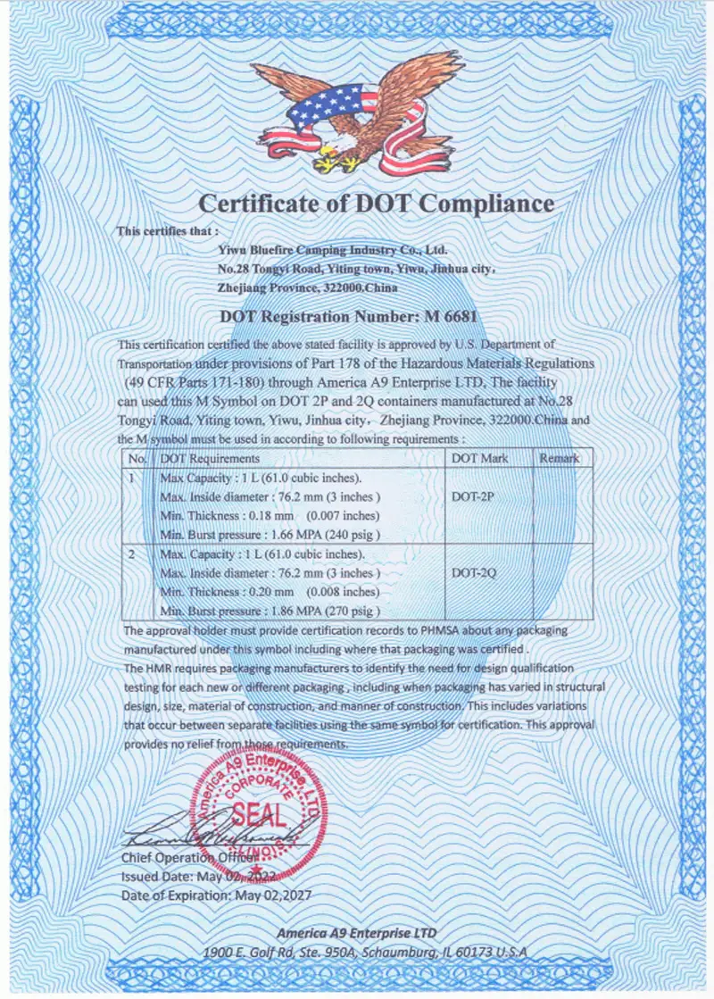 DOT -2Q certificate Bluefire